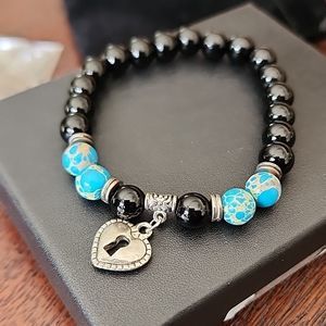 Macy's Howlite and Onyx Bead Stretch with Heart Charm Bracelet